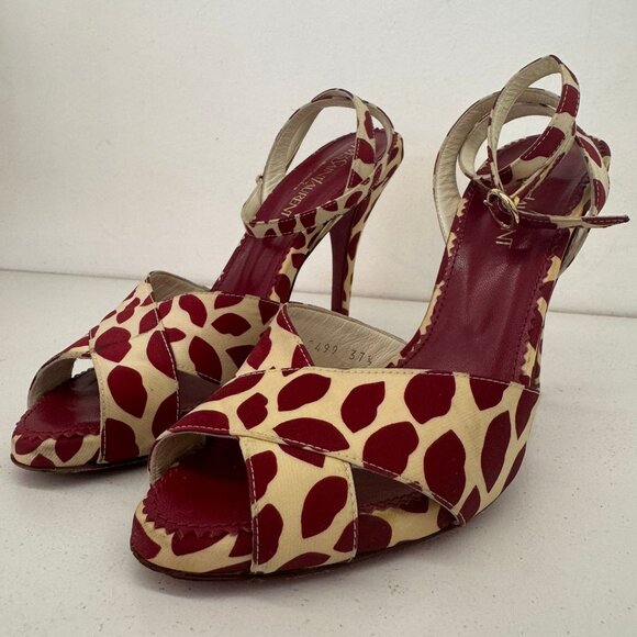 YSL Lips Printed Ankle Strap Heels - Picture 1 of 9